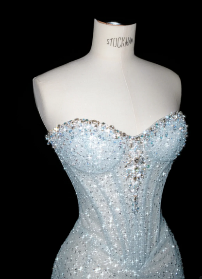 Elaborate Ice Blue Tube Strapless Sweetheart Neck  Sparkle Glitter Mesh Mermaid Prom Dress With Detachable Chapel Train AD989