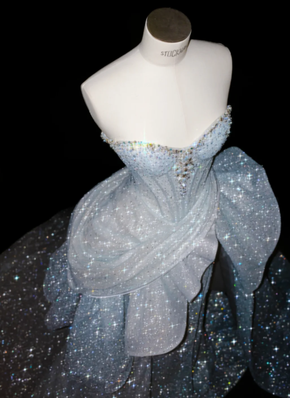 Elaborate Ice Blue Tube Strapless Sweetheart Neck  Sparkle Glitter Mesh Mermaid Prom Dress With Detachable Chapel Train AD989