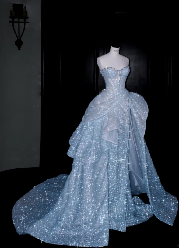 Elaborate Ice Blue Tube Strapless Sweetheart Neck  Sparkle Glitter Mesh Mermaid Prom Dress With Detachable Chapel Train AD989