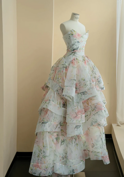 Ethereal Ivory Strapless Floral Print Multi-Layer Tiered Ruffle A-Line Long Prom Dress AD990