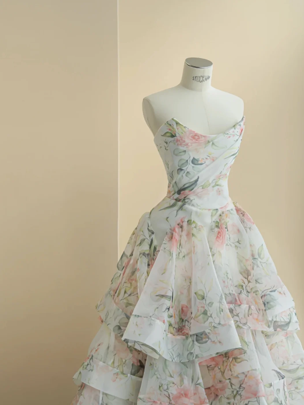 Ethereal Ivory Strapless Floral Print Multi-Layer Tiered Ruffle A-Line Long Prom Dress AD990