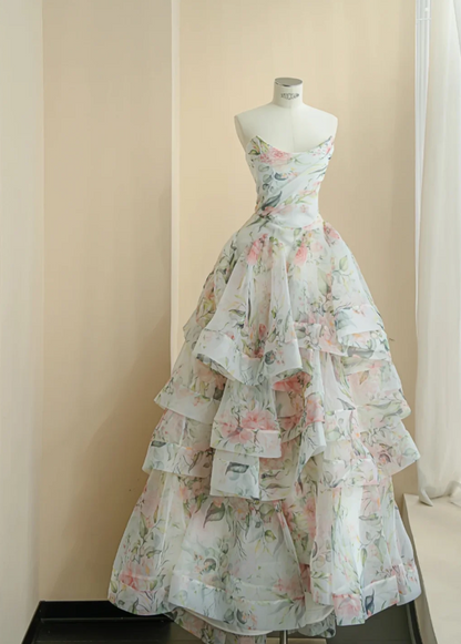 Ethereal Ivory Strapless Floral Print Multi-Layer Tiered Ruffle A-Line Long Prom Dress AD990
