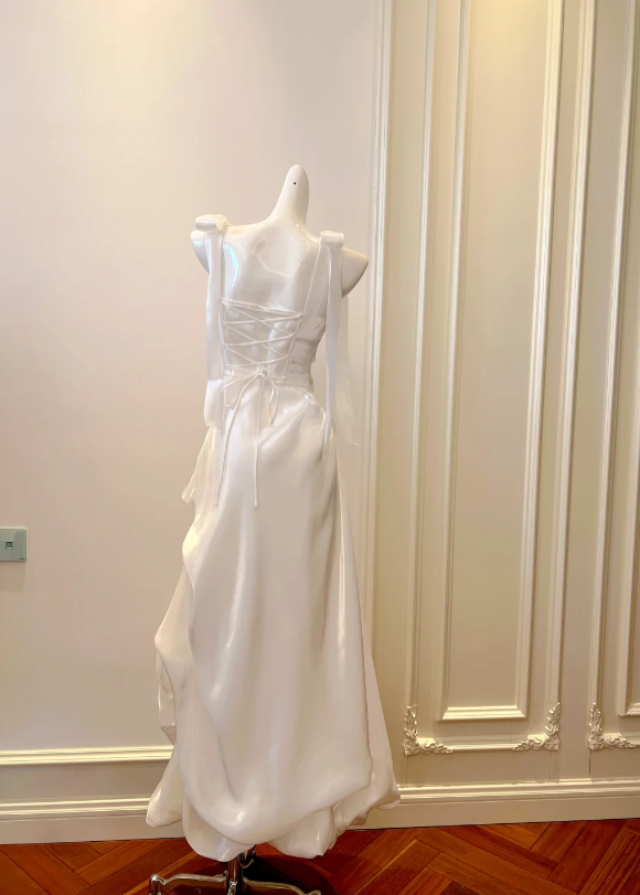 Minimalist White Wide Bow Tie Straps Ruched Waist Wrap A Line Long Prom Dress AD991