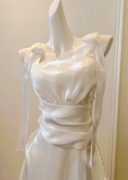Minimalist White Wide Bow Tie Straps Ruched Waist Wrap A Line Long Prom Dress AD991
