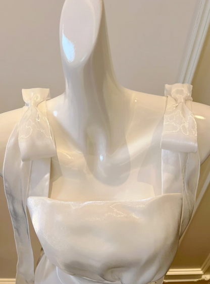 Minimalist White Wide Bow Tie Straps Ruched Waist Wrap A Line Long Prom Dress AD991