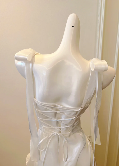 Minimalist White Wide Bow Tie Straps Ruched Waist Wrap A Line Long Prom Dress AD991