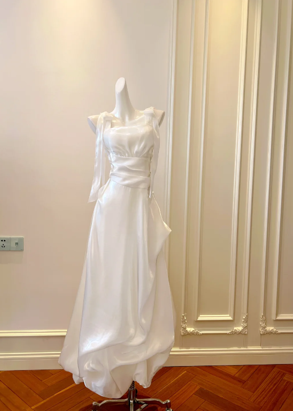 Minimalist White Wide Bow Tie Straps Ruched Waist Wrap A Line Long Prom Dress AD991