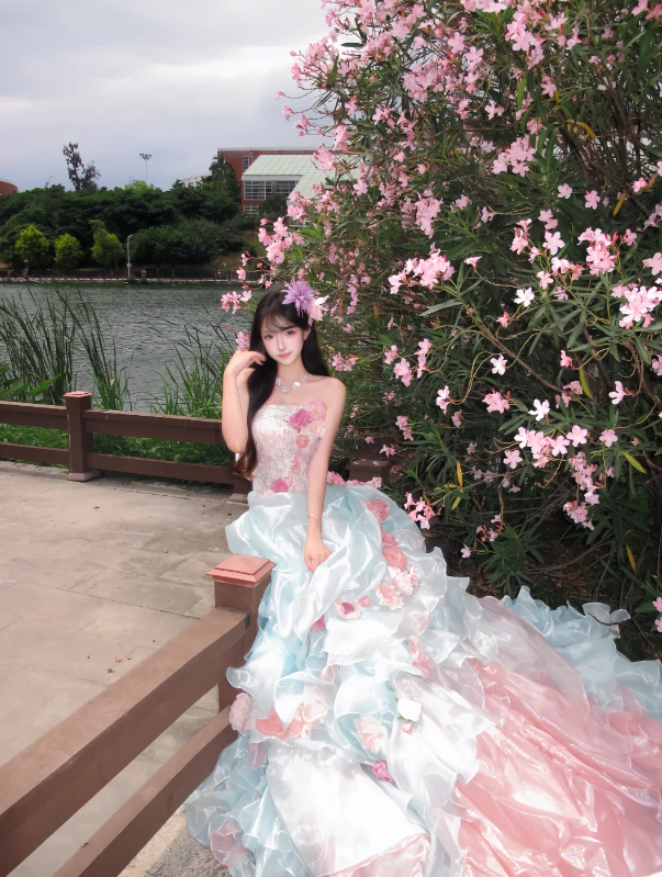 Dreamy Two-Tone Pink Blue Strapless Handmade 3D Pink Floral Appliqué Multi-Tier Cascading Ruffle Organza A Line Sweep Train Prom Dress AD992