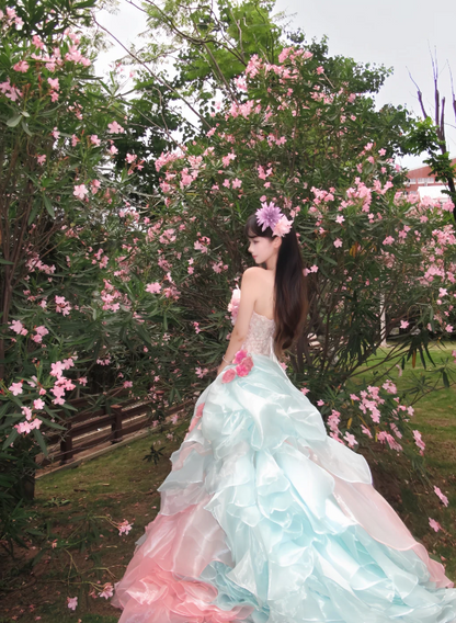 Dreamy Two-Tone Pink Blue Strapless Handmade 3D Pink Floral Appliqué Multi-Tier Cascading Ruffle Organza A Line Sweep Train Prom Dress AD992