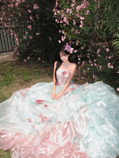 Dreamy Two-Tone Pink Blue Strapless Handmade 3D Pink Floral Appliqué Multi-Tier Cascading Ruffle Organza A Line Sweep Train Prom Dress AD992