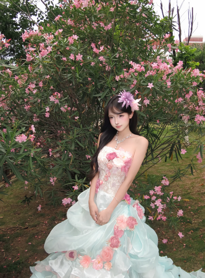 Dreamy Two-Tone Pink Blue Strapless Handmade 3D Pink Floral Appliqué Multi-Tier Cascading Ruffle Organza A Line Sweep Train Prom Dress AD992