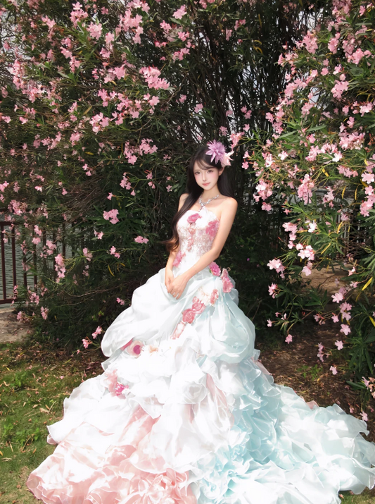 Dreamy Two-Tone Pink Blue Strapless Handmade 3D Pink Floral Appliqué Multi-Tier Cascading Ruffle Organza A Line Sweep Train Prom Dress AD992