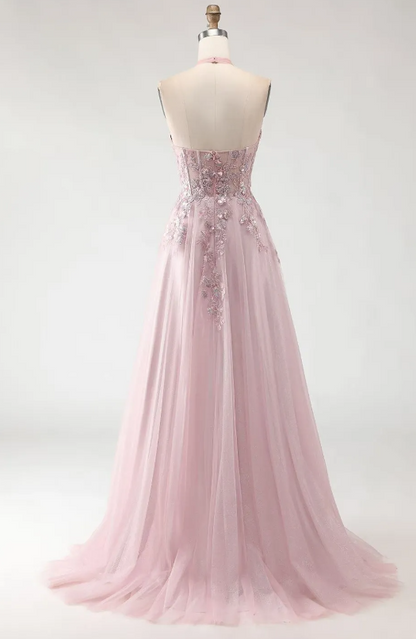 Dreamy Dusty Pink Sheer Crisscross Mesh Halter Plunge Deep V Neck Floral Appliqué A-Line Long Prom Dress AD993