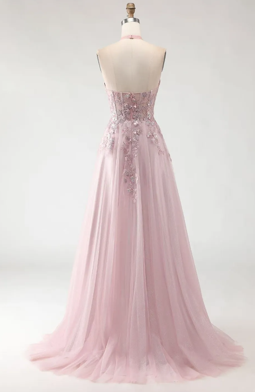 Dreamy Dusty Pink Sheer Crisscross Mesh Halter Plunge Deep V Neck Floral Appliqué A-Line Long Prom Dress AD993