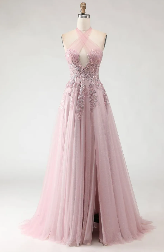 Dreamy Dusty Pink Sheer Crisscross Mesh Halter Plunge Deep V Neck Floral Appliqué A-Line Long Prom Dress AD993