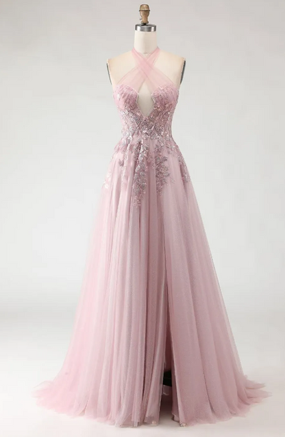 Dreamy Dusty Pink Sheer Crisscross Mesh Halter Plunge Deep V Neck Floral Appliqué A-Line Long Prom Dress AD993