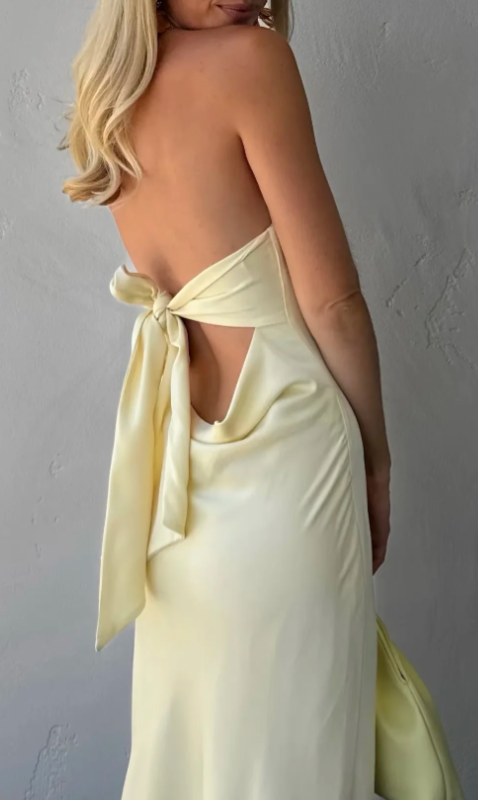 Minimalist Yellow Strapless Bust Back Self-Tie Long Bow Draped Satin Sheath Long Prom Dress AD994
