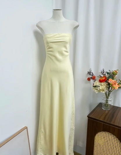 Minimalist Yellow Strapless Bust Back Self-Tie Long Bow Draped Satin Sheath Long Prom Dress AD994
