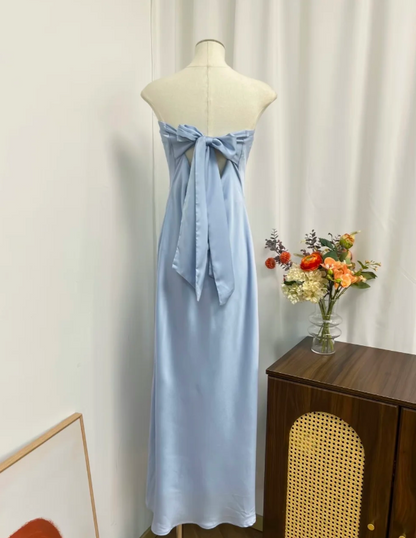 Minimalist Yellow Strapless Bust Back Self-Tie Long Bow Draped Satin Sheath Long Prom Dress AD994