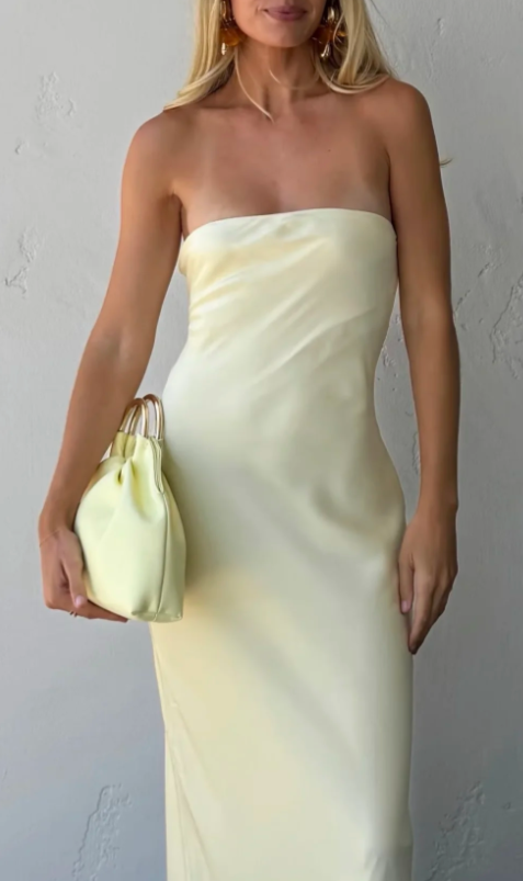 Minimalist Yellow Strapless Bust Back Self-Tie Long Bow Draped Satin Sheath Long Prom Dress AD994