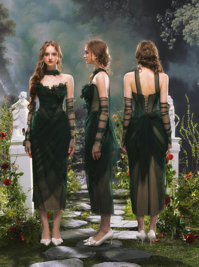 Rich Dark Emerald Green Halter Ruched Appliques Mesh Long Mermaid Prom Dress Detachable Mesh Long Sleeve AD996