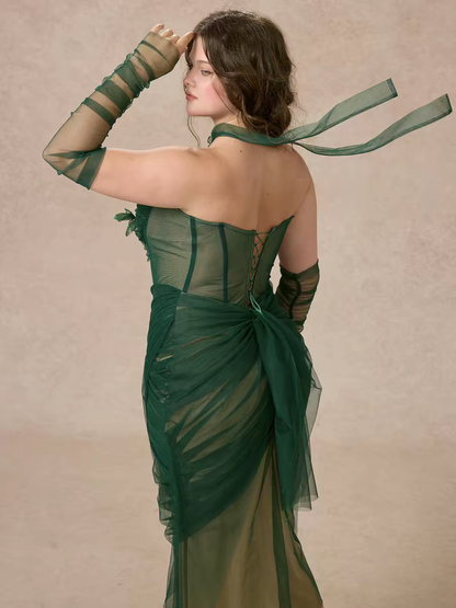 Rich Dark Emerald Green Halter Ruched Appliques Mesh Long Mermaid Prom Dress Detachable Mesh Long Sleeve AD996