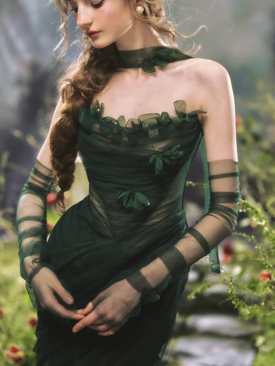 Rich Dark Emerald Green Halter Ruched Appliques Mesh Long Mermaid Prom Dress Detachable Mesh Long Sleeve AD996