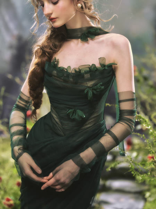 Rich Dark Emerald Green Halter Ruched Appliques Mesh Long Mermaid Prom Dress Detachable Mesh Long Sleeve AD996