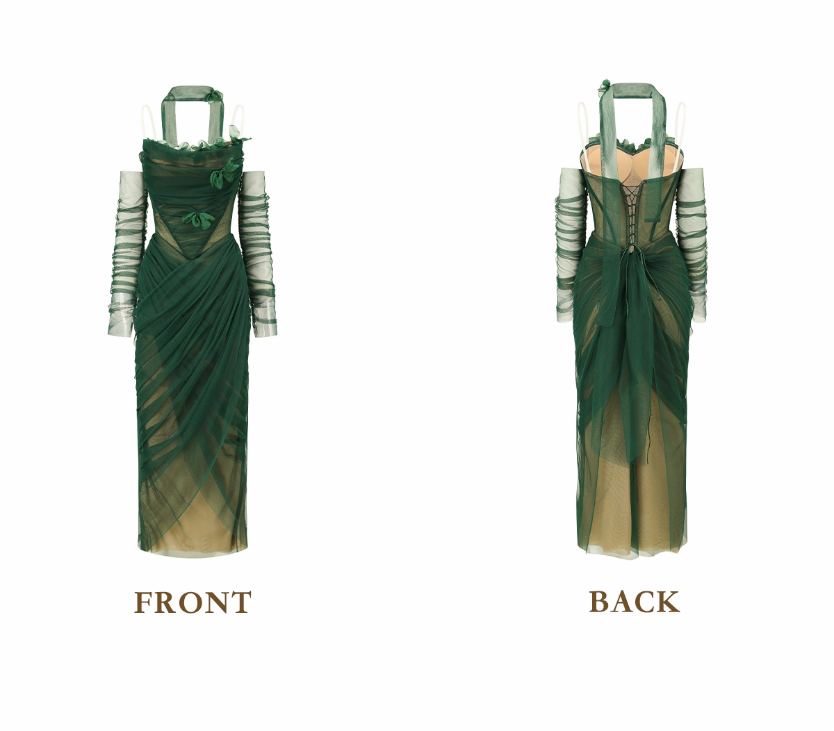 Rich Dark Emerald Green Halter Ruched Appliques Mesh Long Mermaid Prom Dress Detachable Mesh Long Sleeve AD996
