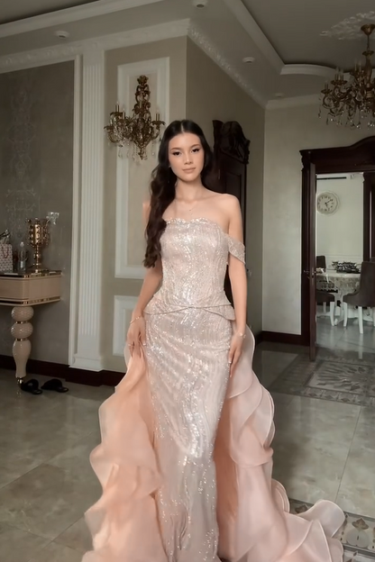 Luxuriant Blush Pink Off-The-Shoulder Two Piece Set Sequin Cascading Tier Ruffle Organza Mermaid Long Prom Dress AD997
