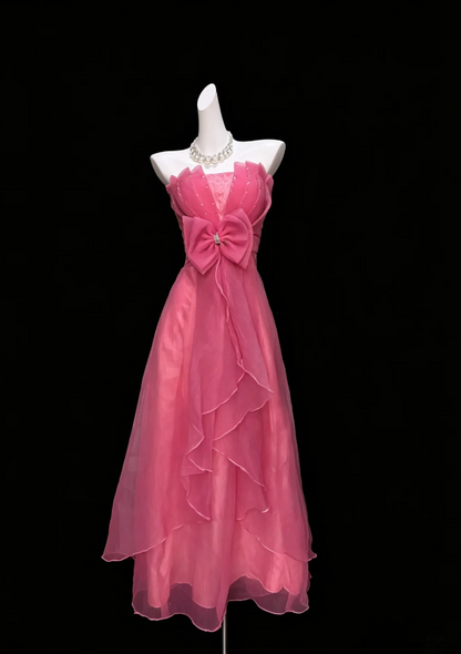 Dreamy Hot Pink Strapless Pleated Sequin Center Big Bow Multi-Layer Asymmetric Ruffle Chiffon A Line Long Prom Dress AD998
