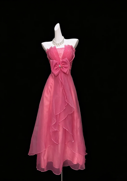 Dreamy Hot Pink Strapless Pleated Sequin Center Big Bow Multi-Layer Asymmetric Ruffle Chiffon A Line Long Prom Dress AD998