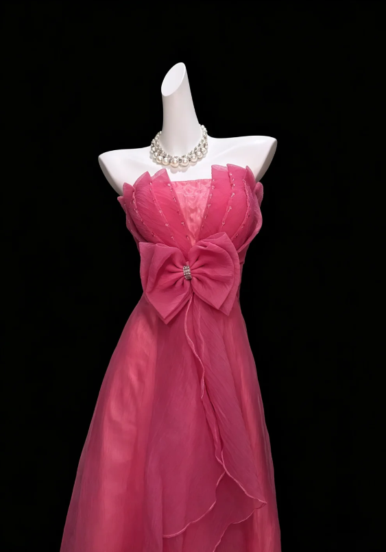 Dreamy Hot Pink Strapless Pleated Sequin Center Big Bow Multi-Layer Asymmetric Ruffle Chiffon A Line Long Prom Dress AD998