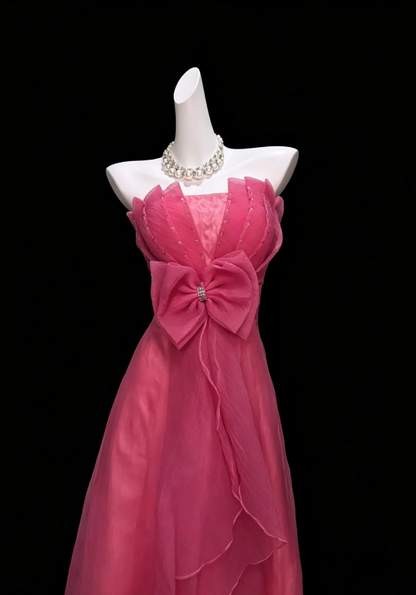 Dreamy Hot Pink Strapless Pleated Sequin Center Big Bow Multi-Layer Asymmetric Ruffle Chiffon A Line Long Prom Dress AD998