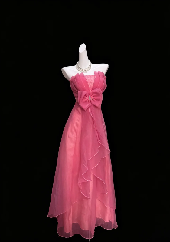 Dreamy Hot Pink Strapless Pleated Sequin Center Big Bow Multi-Layer Asymmetric Ruffle Chiffon A Line Long Prom Dress AD998