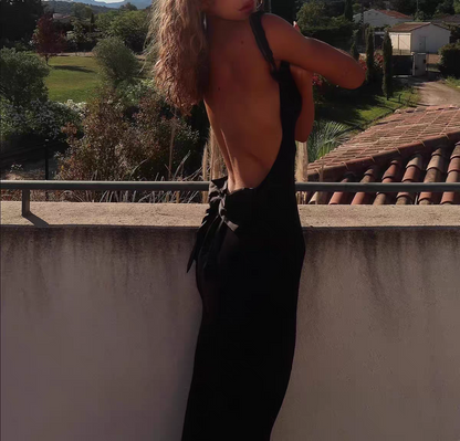 Sleek Black Straps Cowl Neck Open Back Waist Bow Mermaid Long Prom Dress AD999