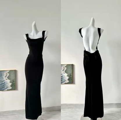 Sleek Black Straps Cowl Neck Open Back Waist Bow Mermaid Long Prom Dress AD999