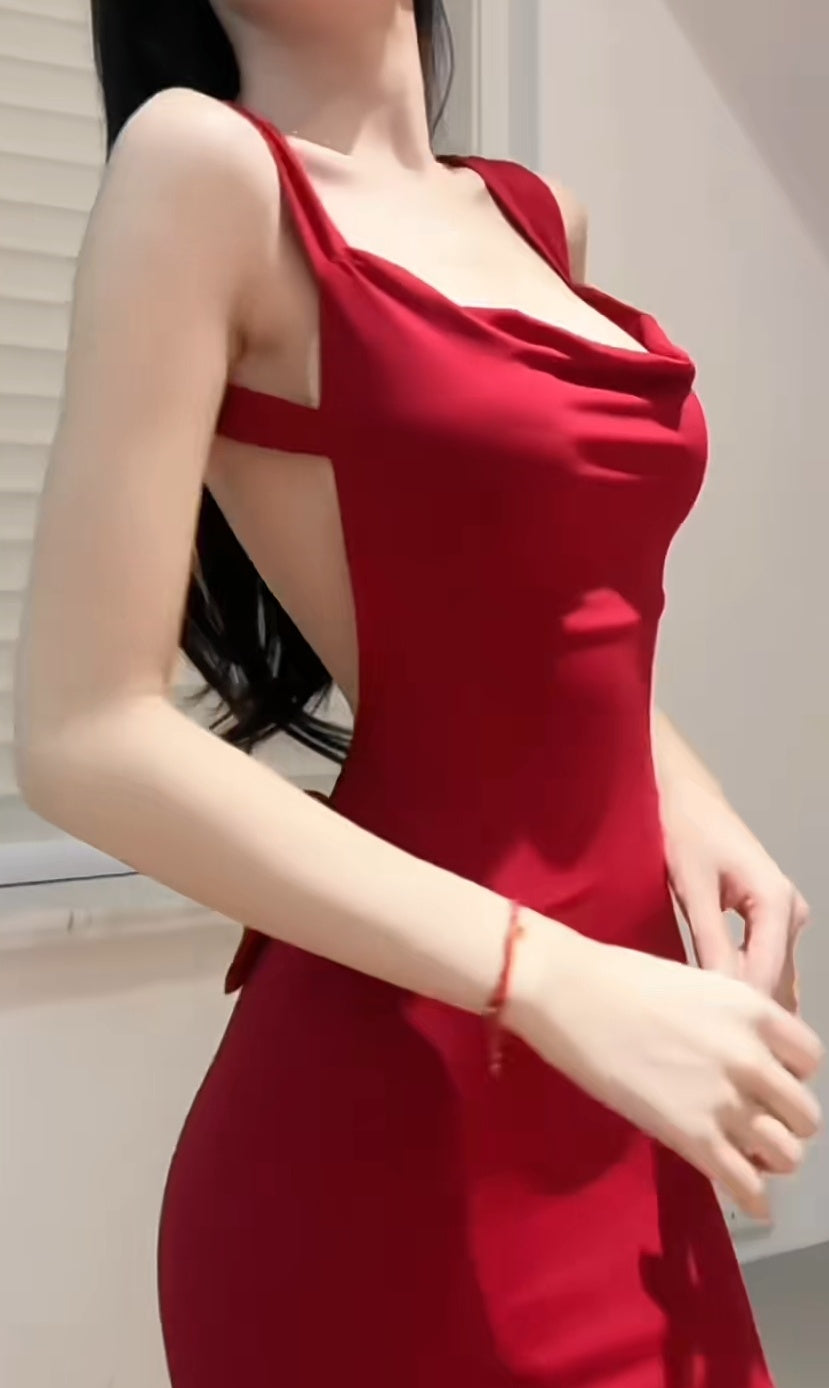 Sleek Black Straps Cowl Neck Open Back Waist Bow Mermaid Long Prom Dress AD999