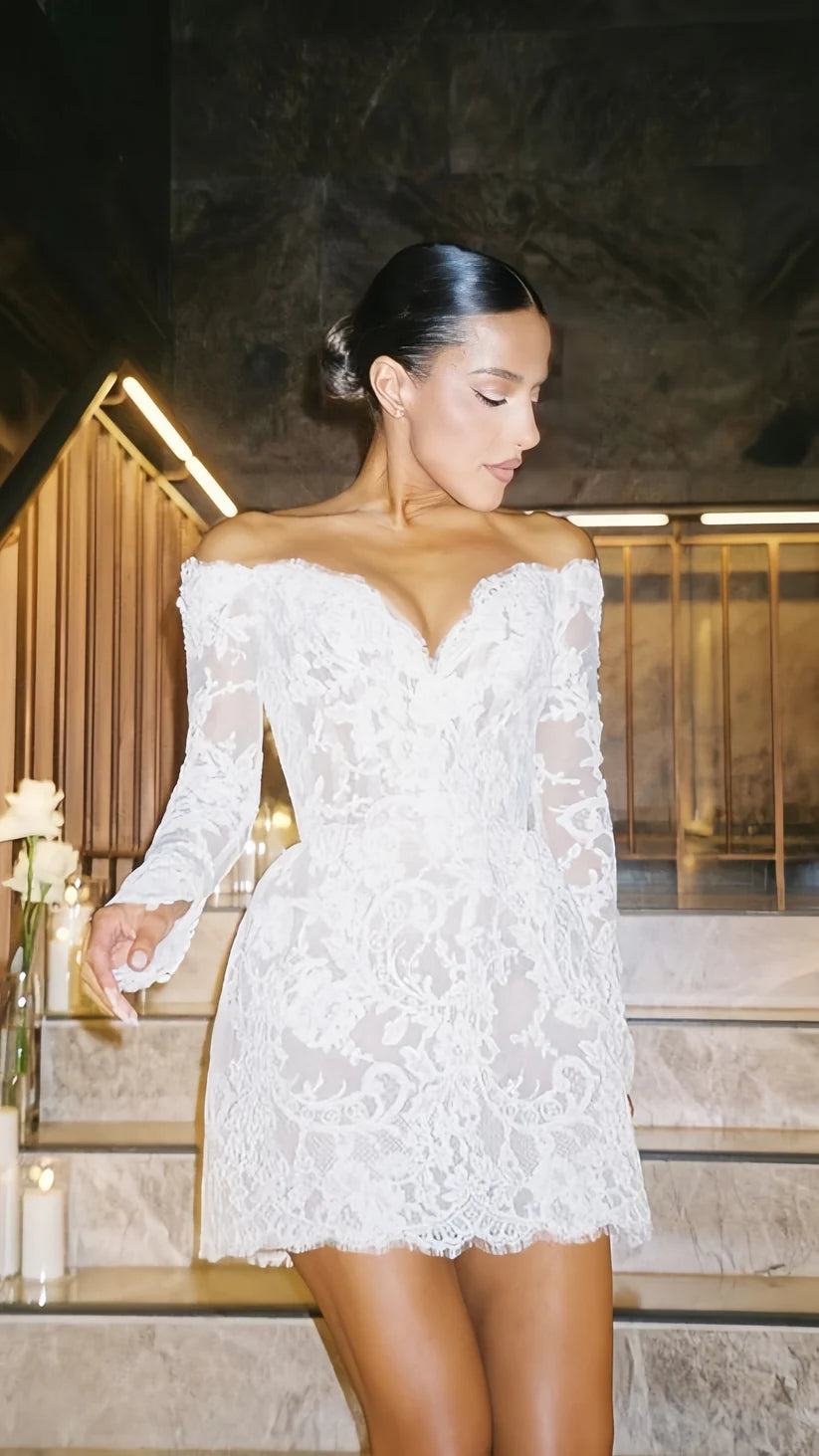 Elegant White Off-The-Shoulder Lace A Line Mini Wedding Dress With Long Sheer Sleeves & V Neckline AE002
