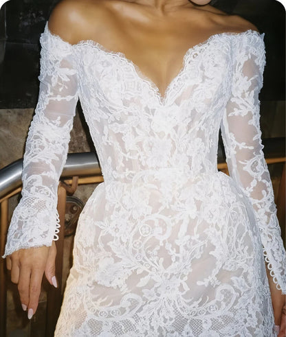 Elegant White Off-The-Shoulder Lace A Line Mini Wedding Dress With Long Sheer Sleeves & V Neckline AE002