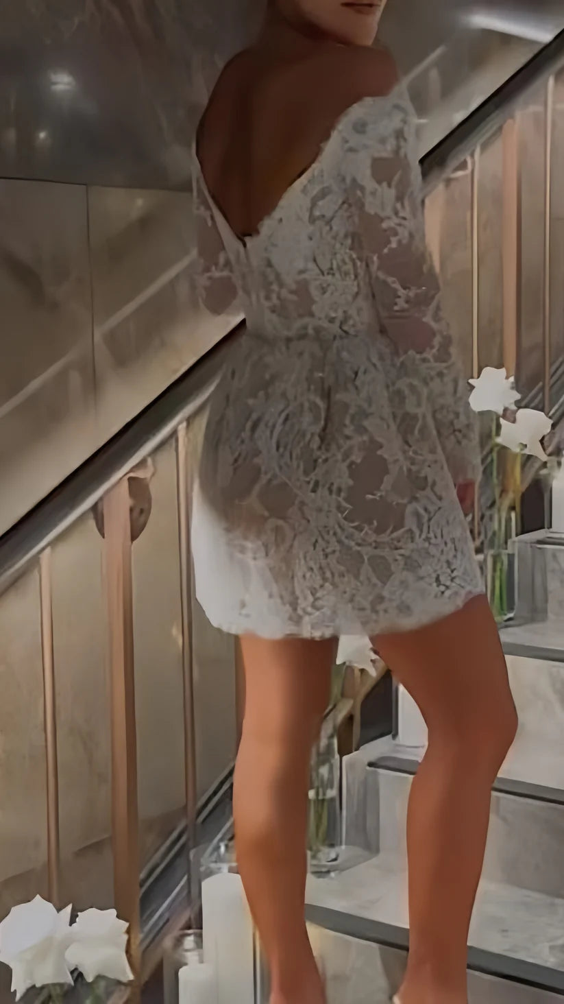 Elegant White Off-The-Shoulder Lace A Line Mini Wedding Dress With Long Sheer Sleeves & V Neckline AE002