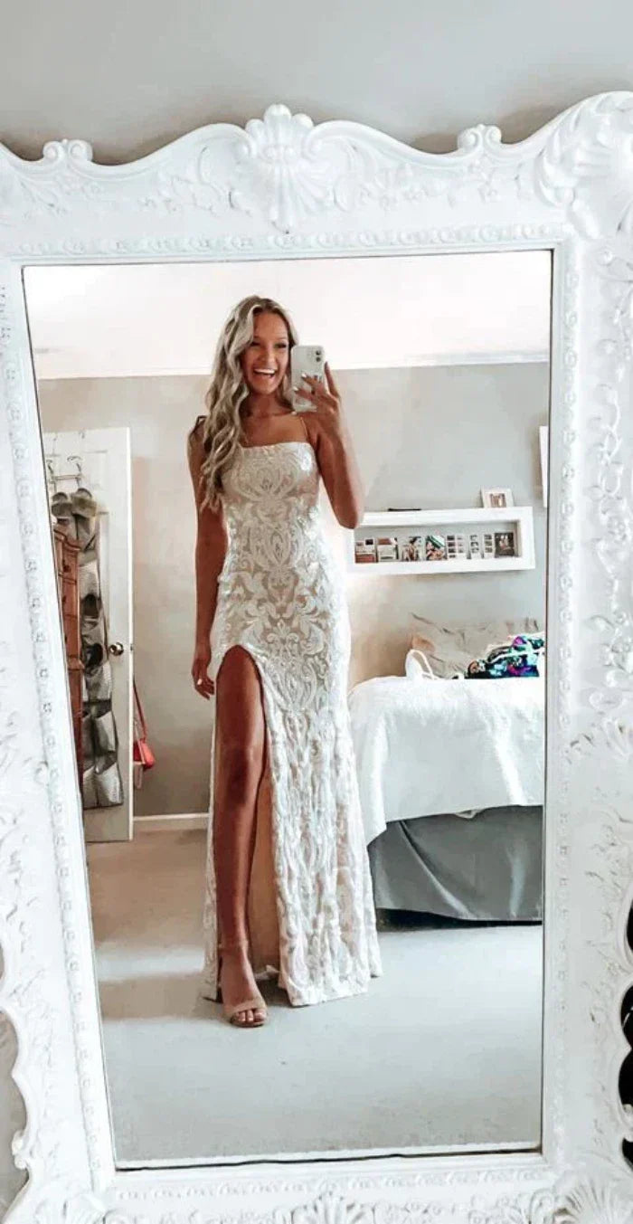 Elegant Ivory Spaghetti Straps Lace Long Mermaid Wedding Dress With High Slit AE003