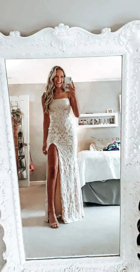 Elegant Ivory Spaghetti Straps Lace Long Mermaid Wedding Dress With High Slit AE003