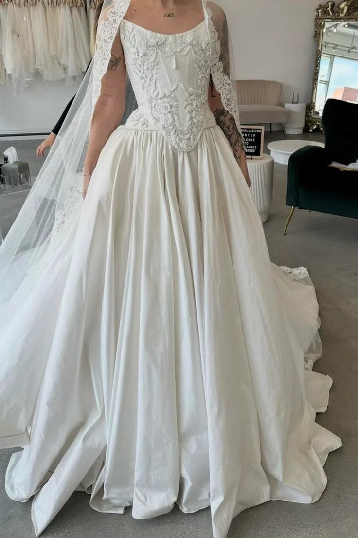 Romantic White Strapless Corset A Line Long Wedding Dress With Beaded Floral Appliqués & High Slit AE005