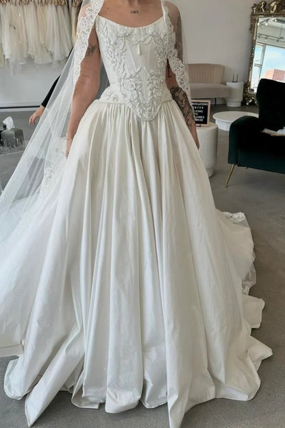 Romantic White Strapless Corset A Line Long Wedding Dress With Beaded Floral Appliqués & High Slit AE005