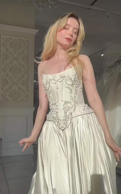 Romantic White Strapless Corset A Line Long Wedding Dress With Beaded Floral Appliqués & High Slit AE005