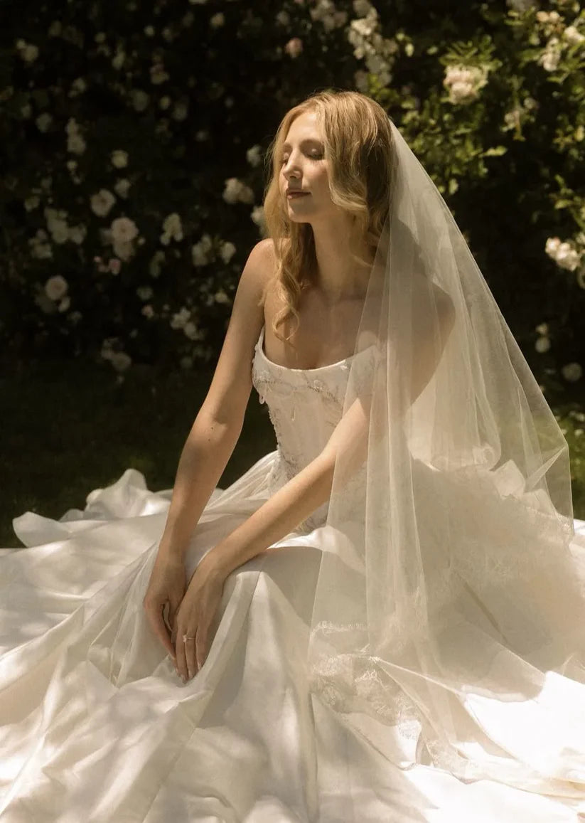Romantic White Strapless Corset A Line Long Wedding Dress With Beaded Floral Appliqués & High Slit AE005