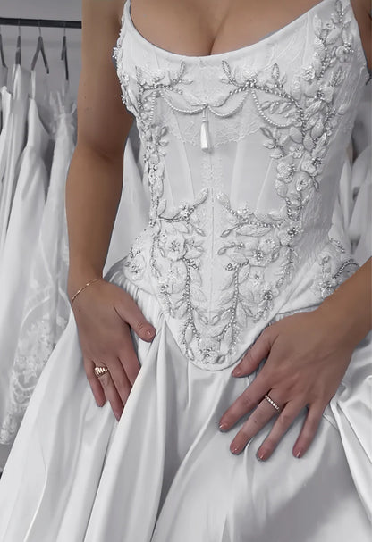 Romantic White Strapless Corset A Line Long Wedding Dress With Beaded Floral Appliqués & High Slit AE005