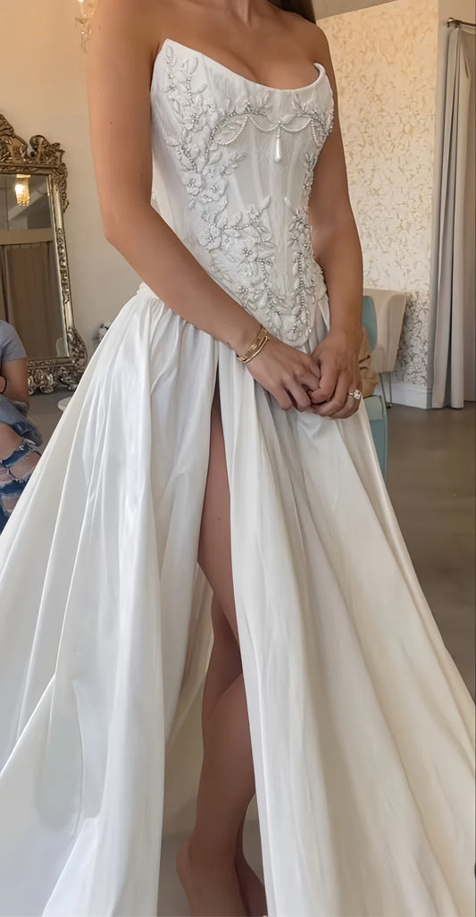 Romantic White Strapless Corset A Line Long Wedding Dress With Beaded Floral Appliqués & High Slit AE005