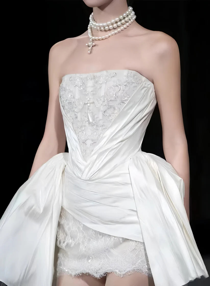 Opulent Ivory Strapless Corset Short Bodycon Wedding Dress With Satin Draping & Lace Underlayer AE007